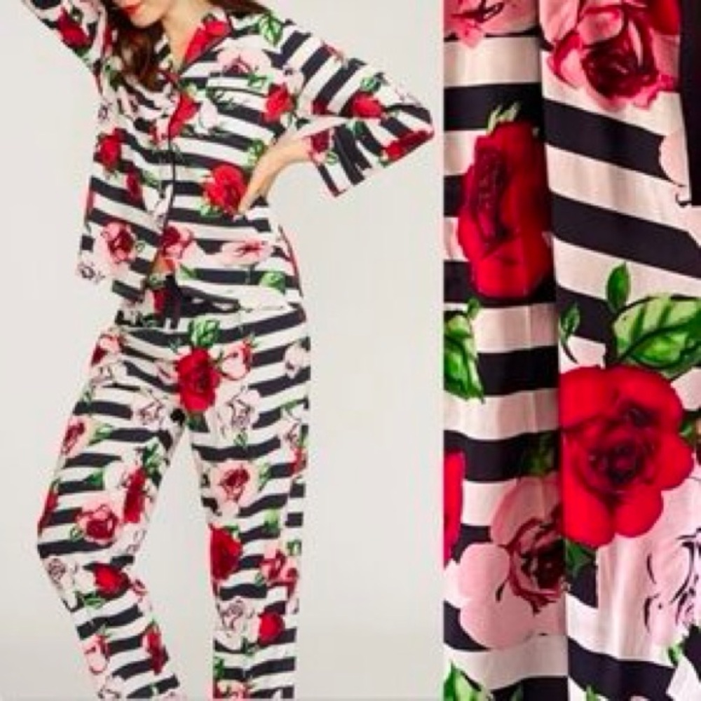 kate spade Black-and-White Striped Pants with Red Rose Print